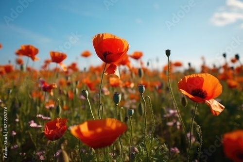 Close up beautiful red poppy flowers in summer in nature outdoors on sunny day against blue sky. Blooming poppies in wild. Ai generative.