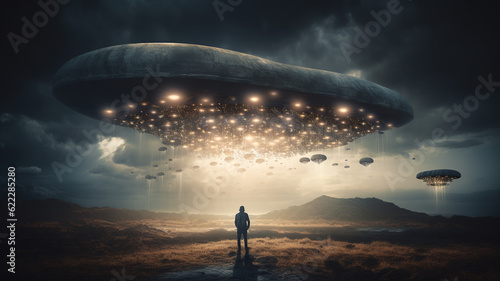 Surreal UFO with bright lights hovering above the person in the dark field. Mysterious flying saucer, abduction. First contact, close encounter. photo