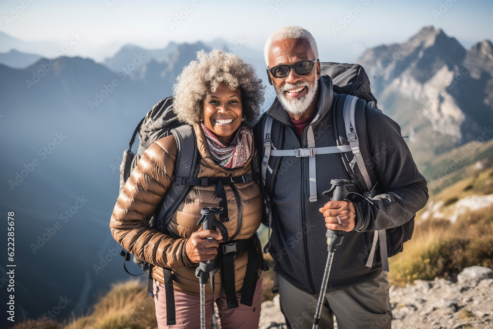 Active retired black couple hiking outdoors in mountains in fall