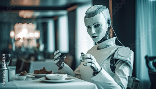 Robot customer is served by food at an indoor restaurant table. The scene showcases a futuristic enjoying dining experience. Generative AI