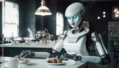 Robot customer is served by food at an indoor restaurant table. The scene showcases a futuristic enjoying dining experience. Generative AI © Virtual Art Studio