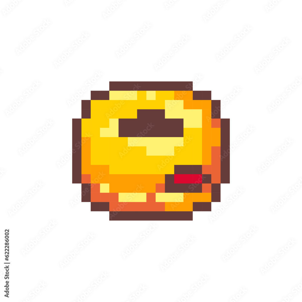 Obraz premium Pixel Art Donut. Retro 8 bit Style Bakery Dessert Donut with Chocolate Filling Illustration. Ideal for Sticker, Retro Decorative Element, Game Asset, Emoji, or Cute Geek Avatar.