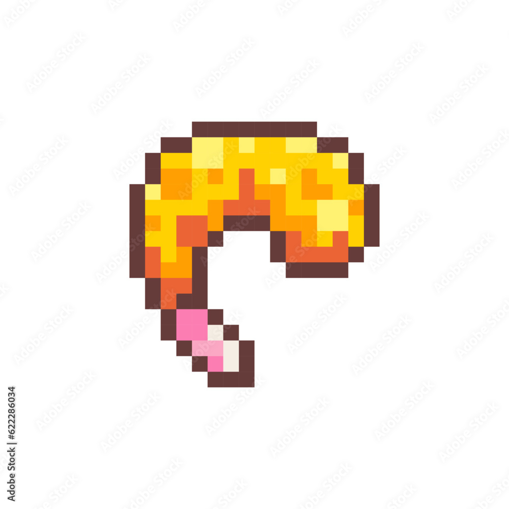 Fototapeta premium Pixel Art Fried Shrimp. Retro 8 bit Style Fast Food Fried Shrimp in batter. Illustration. Ideal for Sticker, Retro Decorative Element, Game Asset, Emoji, or Cute Geek Avatar.