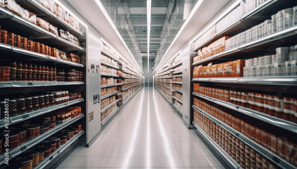 Roaming the Market Hallway and Corridor with Generative AI, Immersed in a Shopper's Paradise Shelf-Filled Walkways and Product Variety Supermarket Interior