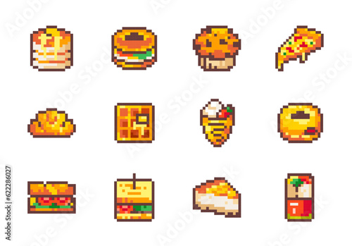 Pixel Art Fast Food Icon Set. Pizza Slice, Pancakes, Belgian Waffles, Dessert, Ice Cream, Donut, Cupcake, Sandwich, Snacks, Cheesecake, Roll. 8 bit Retro Style Fast Food Pixels.