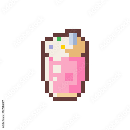 Pixel Art Milkshake. Retro 8 bit Style Drink Milk Cocktail with Strawberry. Ideal for Sticker, Retro Decorative Element, Emoji, Game Asset, or Cute Geek Avatar.