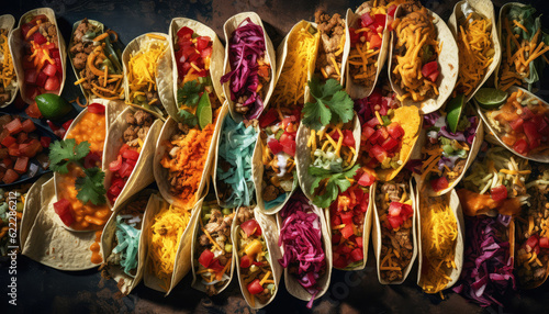 Delicious Mexican Delights Tempting Top-View Assortment of Various of Tacos Flavors and Culinary Flavors with Generative AI Artistry, a Gastronomic Journey