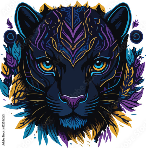 Colorful black panther face vibrant bold vivid colors t-shirt design vector illustrations. Majestic colorful coat
