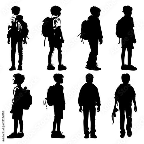 schoolboy silhouette wearing a bag standing, back to school concept