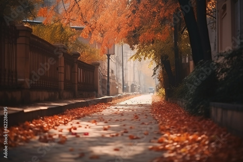 Autumn street view with dry leaves. Generative AI