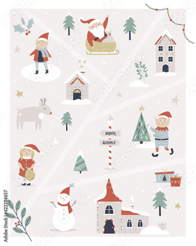 Vector illustration of North Pole town with Santa Claus, elf, rudolf reindeer.
