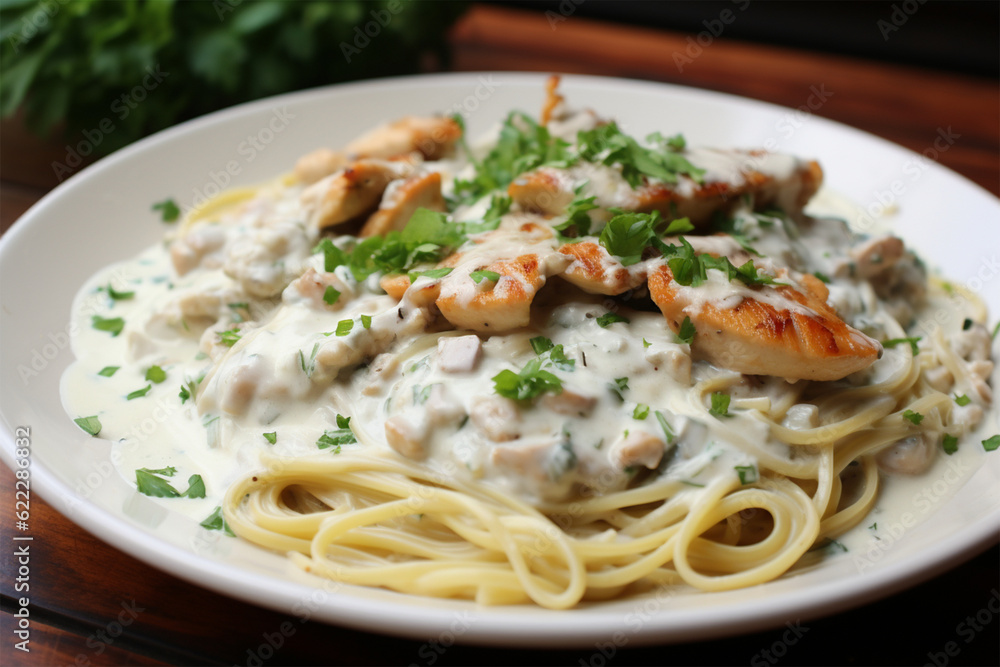 Homemade spaghetti white creamy sauce with grilled chicken