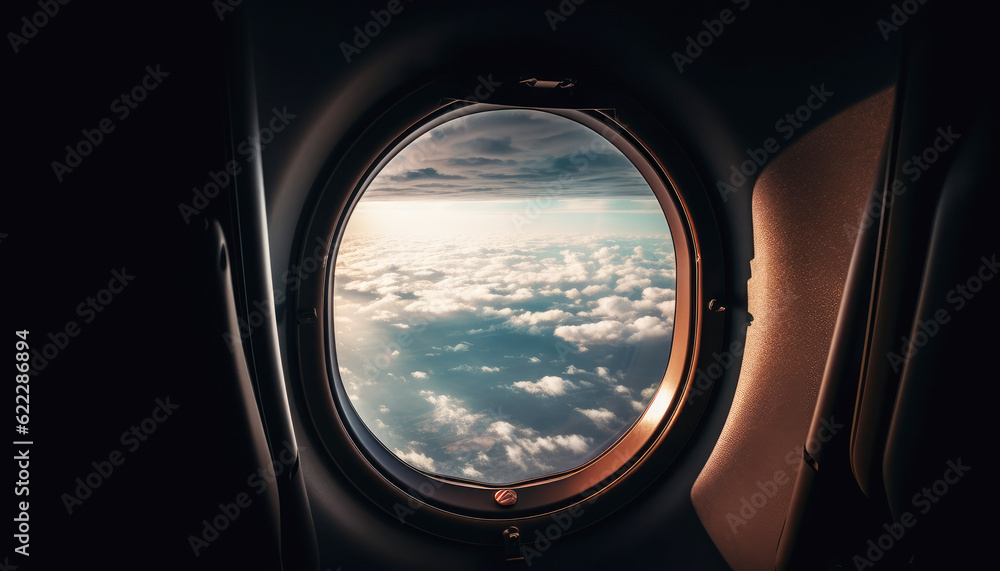 Clear Blue Sky and Reflections in Airplane Window sunlit airplane window, clear sky, fluffy clouds, reflection, spacious interior, peaceful flight. Generative AI