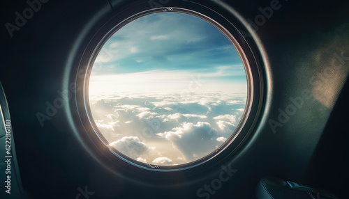 Clear Blue Sky and Reflections in Airplane Window sunlit airplane window  clear sky  fluffy clouds  reflection  spacious interior  peaceful flight. Generative AI