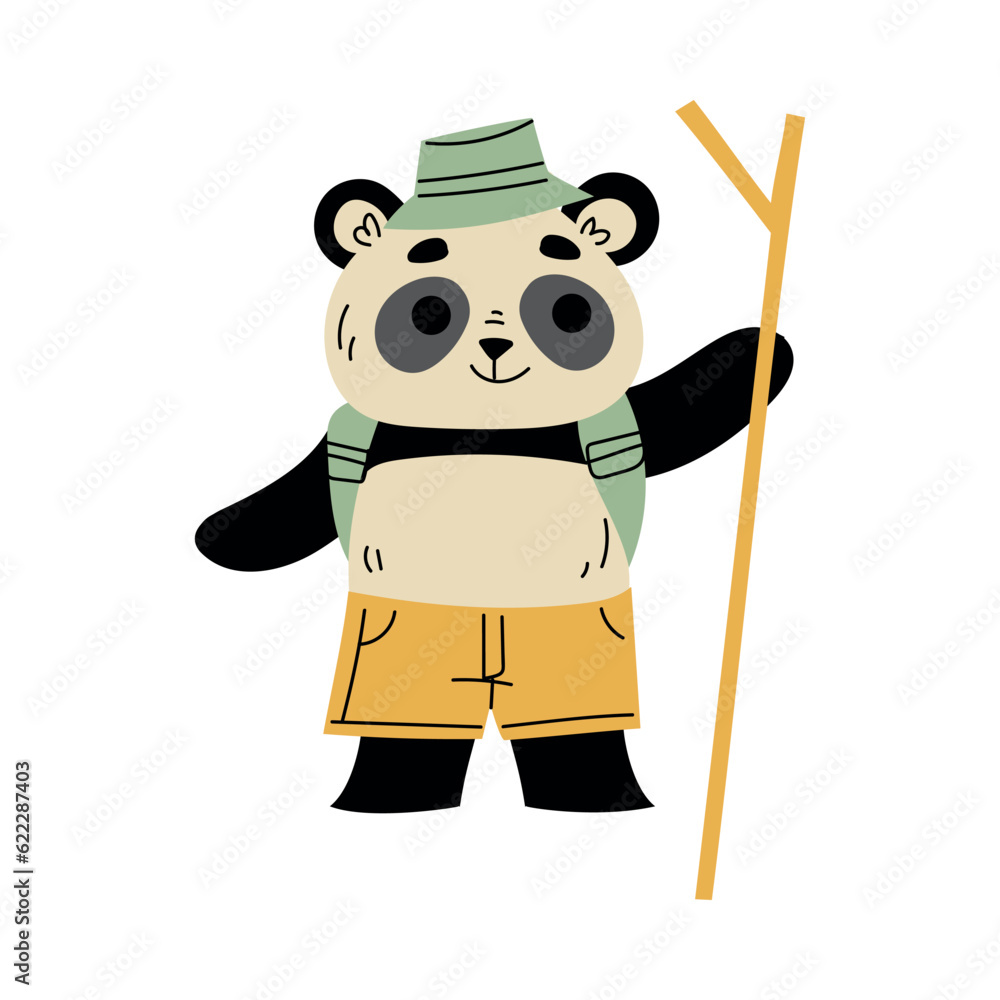 Obraz premium Funny Panda Traveler Character with Backpack and Stick Vector Illustration