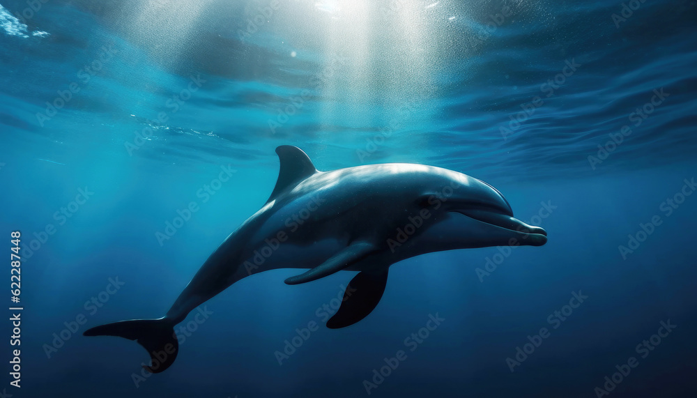 Fototapeta premium Blue marine wildlife Common bottlenose dolphin swimming underwater with sea life. Generative AI
