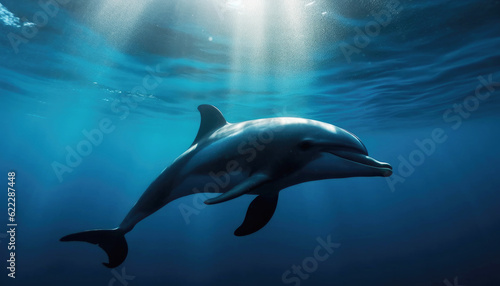 Blue marine wildlife Common bottlenose dolphin swimming underwater with sea life. Generative AI © Virtual Art Studio