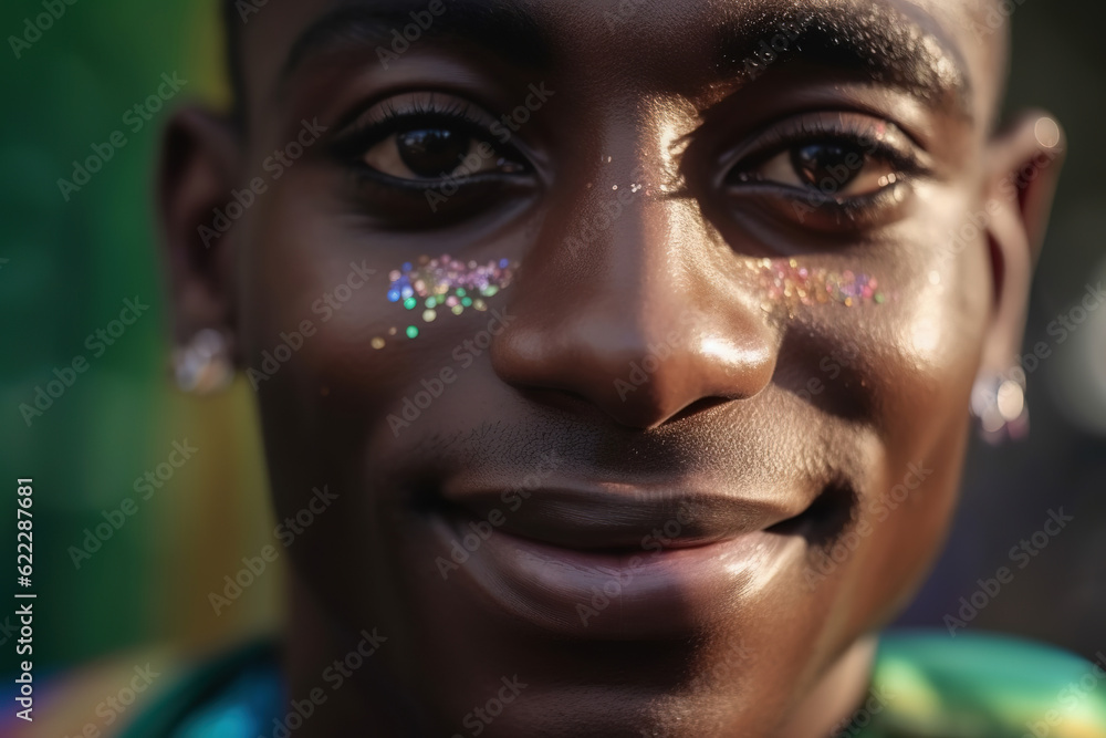 African man with shadows and glitter. Black LGBTQI man outdoors, closeup African man with shadows and glitter. Black LGBTQI man outdoors, closeup