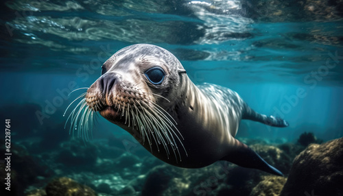 Playful sea lion diving and swimming in the underwater sea mesmerizing marine mammal gracefully swims in the vibrant marine world, showcasing the wonders of aquatic wildlife. Generative AI