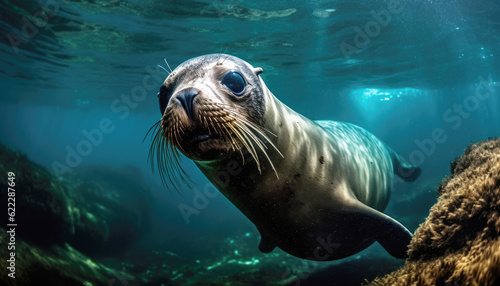 Playful sea lion diving and swimming in the underwater sea mesmerizing marine mammal gracefully swims in the vibrant marine world, showcasing the wonders of aquatic wildlife. Generative AI