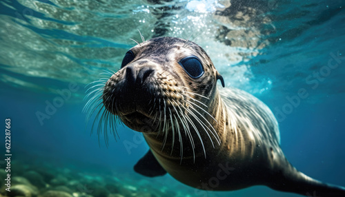 Playful sea lion diving and swimming in the underwater sea mesmerizing marine mammal gracefully swims in the vibrant marine world, showcasing the wonders of aquatic wildlife. Generative AI