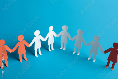 Paper cut out people standing together holding hands. Business teamwork and collaboration