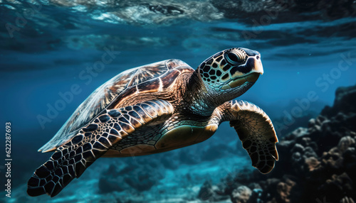 Marine creature in its natural habitat Loggerhead sea turtle explores the colorful coral reef mesmerizing sea turtle swimming amidst a vibrant coral reef, showcasing beauty marine life. Generative AI