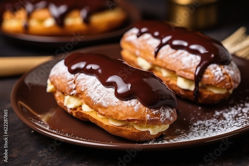 Chocolate eclairs with a creamy filling. Traditional French pastry dessert
