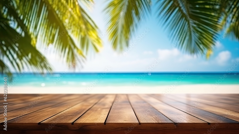 Empty wooden table top with blur background of Blue beach and palm trees
