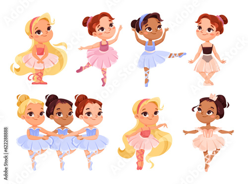 Cute Girl Ballerina in Tutu Skirt and Pointe Shoes Dancing Ballet Vector Set
