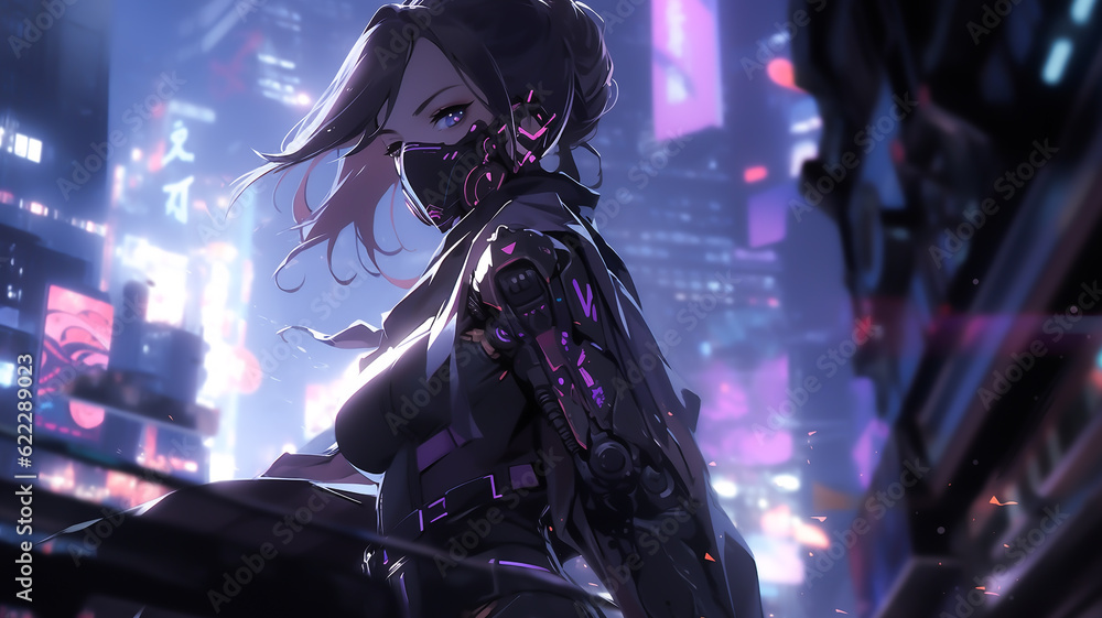 Obraz premium Cyberpunk anime character. Cyborg warrior ninja girl, intense look. Created with Generative AI.