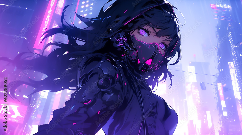 Obraz premium Cyberpunk anime character. Cyborg warrior ninja girl, intense look. Created with Generative AI.