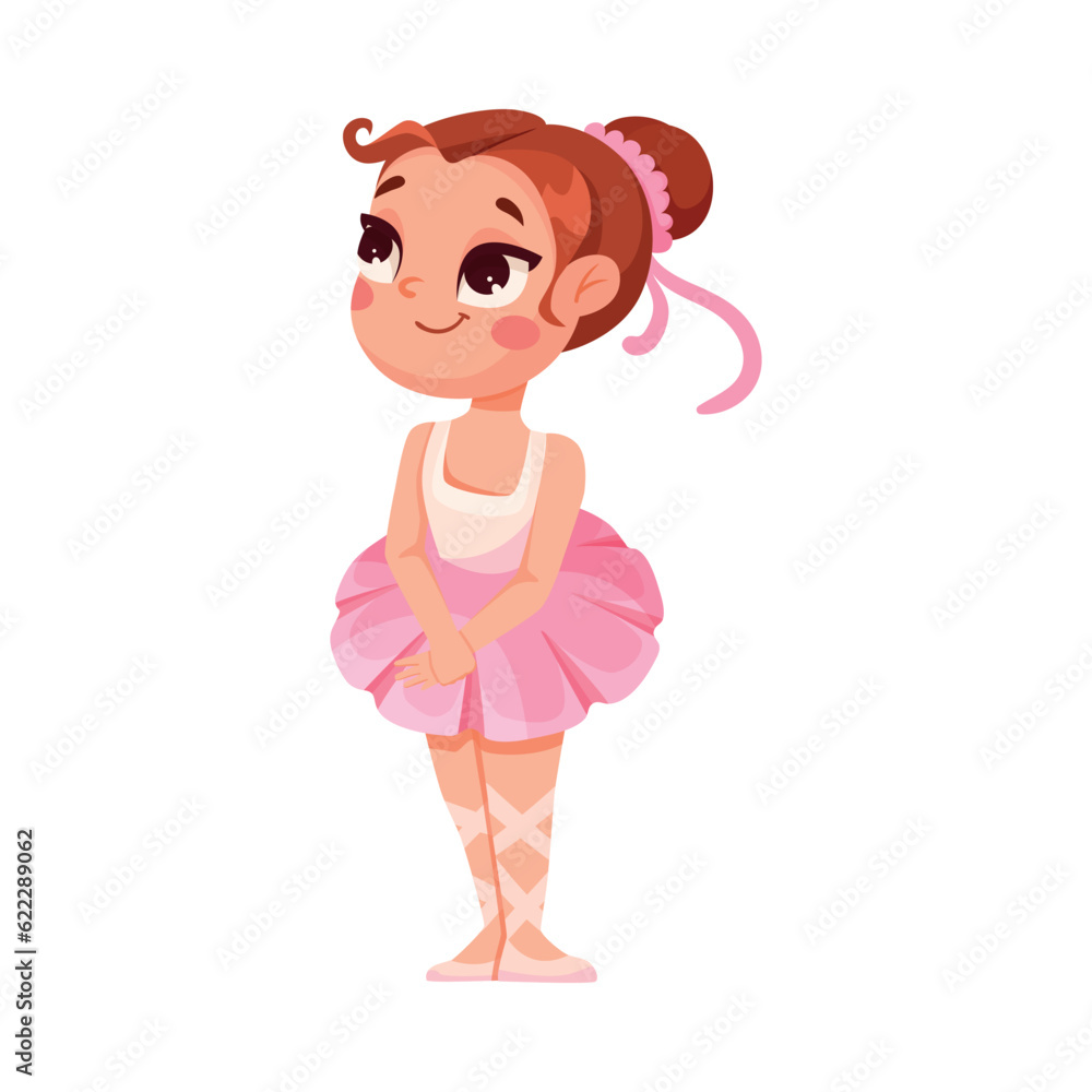 Cute Ballerina Girl in Pink Tutu Skirt and Pointe Shoes Dancing Ballet Vector Illustration