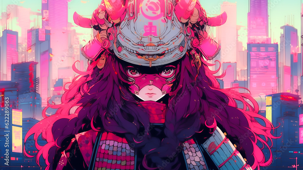 Obraz premium Female anime character, ninja samurai. Created with Generative AI.