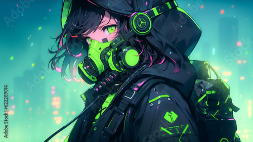 Anime girl character with a green colour theme. Created with Generative AI.