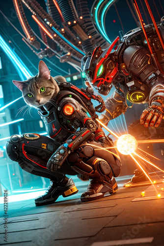 an extremely detailed biomechanical cyberpunk cat fighting with the enemy, glowing eyes, fantasy art, hyperrealism, polished, beautiful, radiant, colorful, intricate, vray, nvdia ray tracing, octane 
