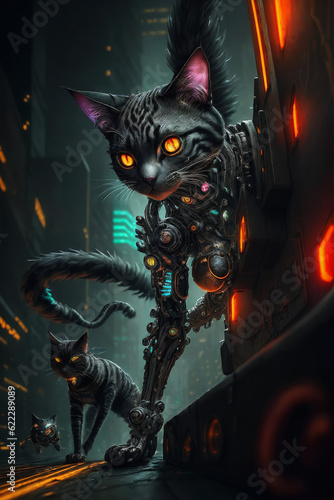 an extremely detailed biomechanical cyberpunk cat fighting with the enemy  glowing eyes  fantasy art  hyperrealism  polished  beautiful  radiant  colorful  intricate  vray  nvdia ray tracing  octane 