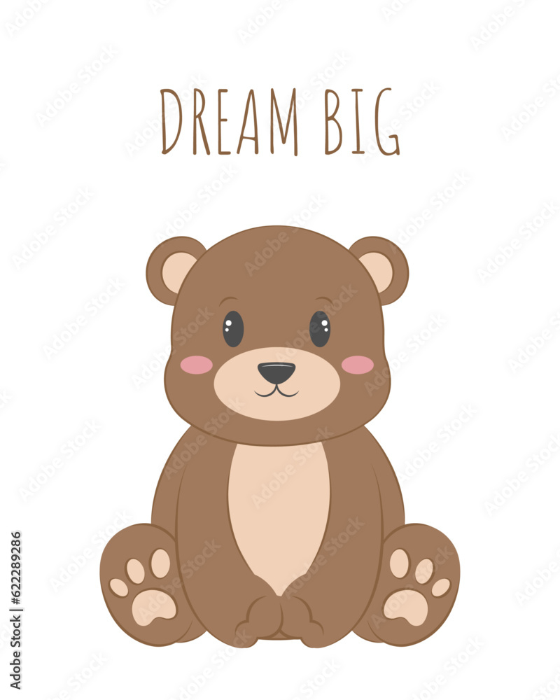 Obraz premium Tiny baby bear sitting. Illustration for little babies. Covers, posters, prints. First introduction to animals. Vector isolated on white background