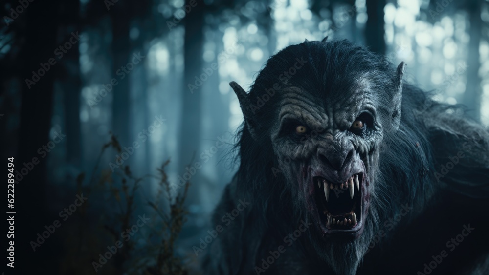 Woodland werewolf monstrosity lurking in the deepest darkest region of a scary cursed forest, vampiric lust for blood and malignant rabies infected madness overwhelms him at full moon - generative AI