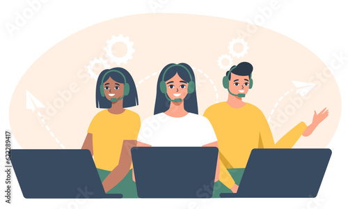 Flat vector illustration. Phone support service, online support service. Call Center is open 24 hours a day and 7 days a week. Women and men working at their laptops. Vector illustration
