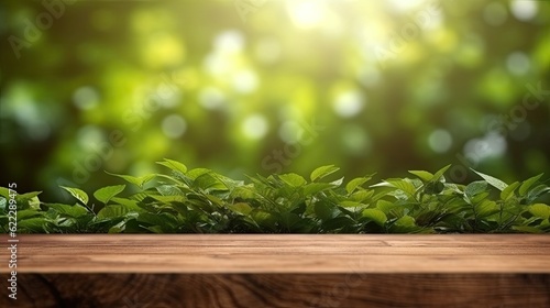 Empty wooden table top with blur background of Forest