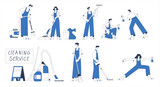 Cleaning Service with Professional Worker Characters Vector Set