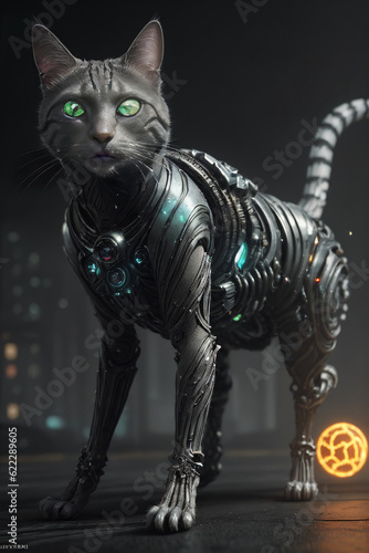 an extremely detailed biomechanical cyberpunk cat fighting with the enemy, glowing eyes, fantasy art, hyperrealism, polished, beautiful, radiant, colorful, intricate, vray, nvdia ray tracing, octane  © naaimzerox2