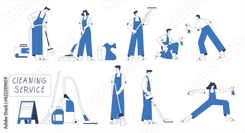Cleaning Service with Professional Worker Characters Vector Set