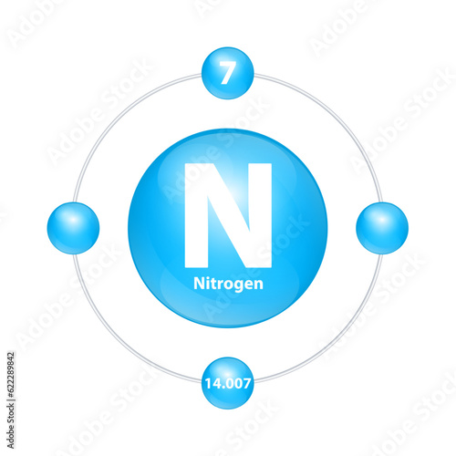 Nitrogen (N) Icon structure chemical element round shape circle light blue with surround ring. Period number shows of energy levels of electron. Study science for education. 3D Illustration vector.