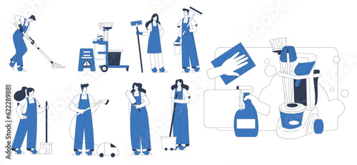 Cleaning Service with Professional Worker Characters Vector Set