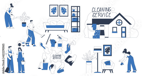 Cleaning Service with Professional Worker Characters Vector Set © topvectors
