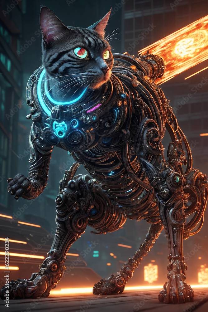 Fototapeta premium an extremely detailed biomechanical cyberpunk cat fighting with the enemy, glowing eyes, fantasy art, hyperrealism, polished, beautiful, radiant, colorful, intricate, vray, nvdia ray tracing, octane 