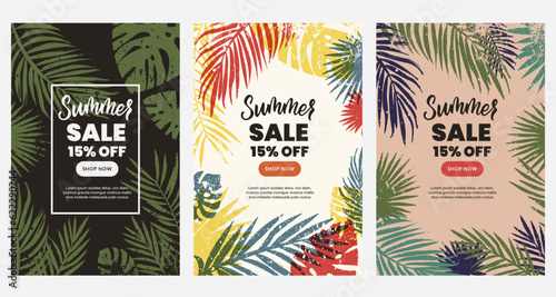 Summer sale discount vertical poster layout set. Watercolor hand drawn tropical palm leaves frame. Vector illustration