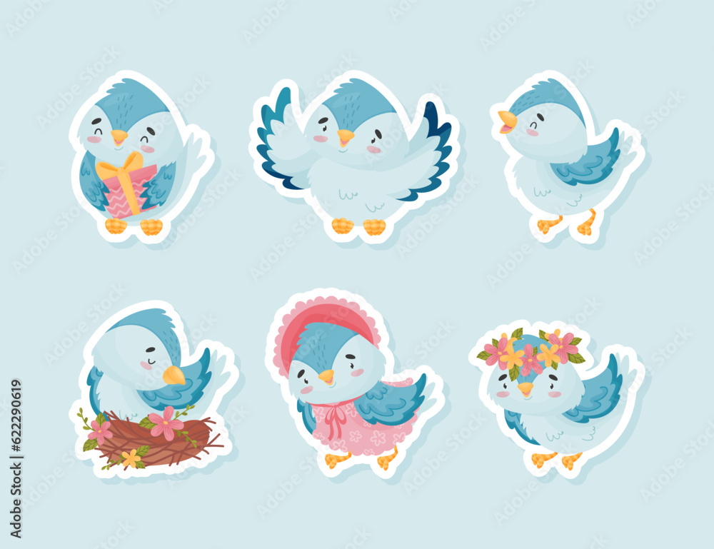 Cute Blue Bird with Wings and Beak Vector Sticker Set Cute Blue Bird with Wings and Beak Vector Sticker Set